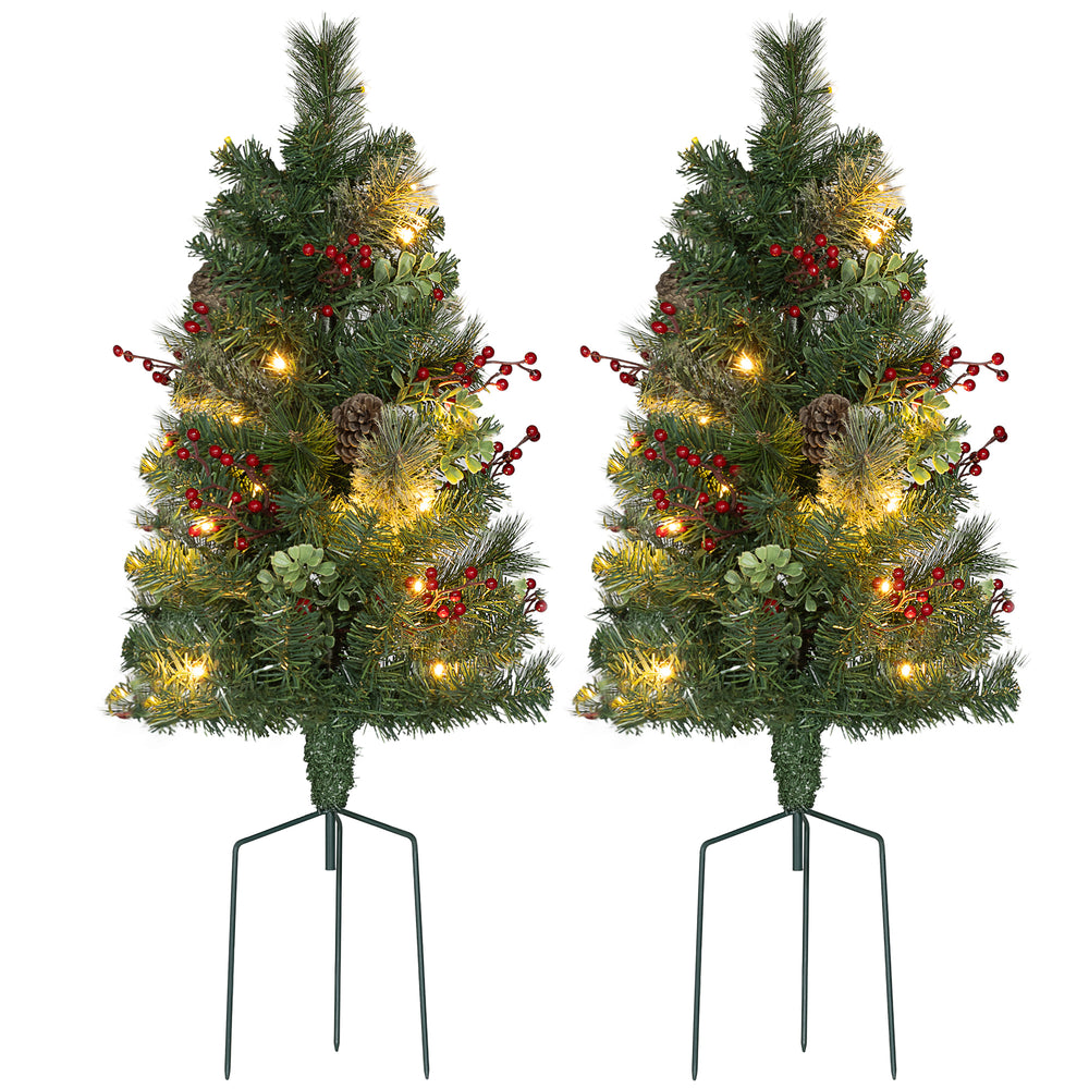Lot de 2 sapin de Noël artificiel pré-éclairé avec baies rouges et pommes de pin