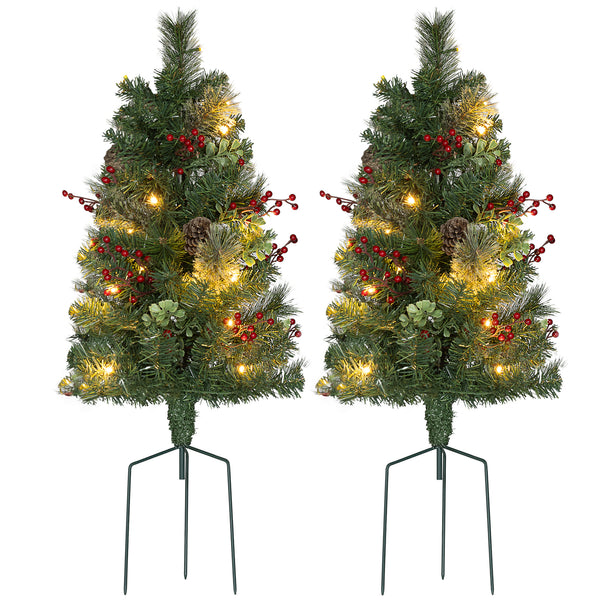 Lot de 2 sapin de Noël artificiel pré-éclairé avec baies rouges et pommes de pin