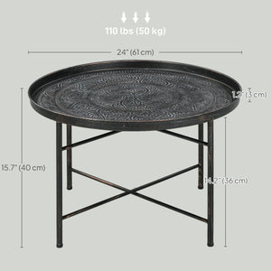 Table basse vintage ronde de 61 cm avec plateau martelé et structure en métal, couleur étain