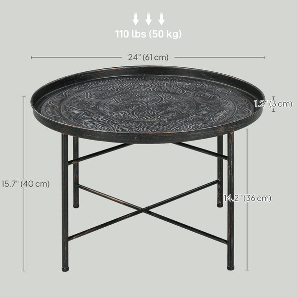 Table basse vintage ronde de 61 cm avec plateau martelé et structure en métal, couleur étain