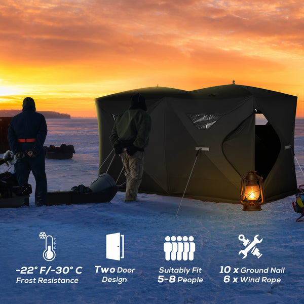 Portable ice fishing shelter for 5 to 8 people, black.