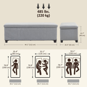 Pouf avec rangement, couvercle, pieds, banc de bout de lit en velours, gris clair