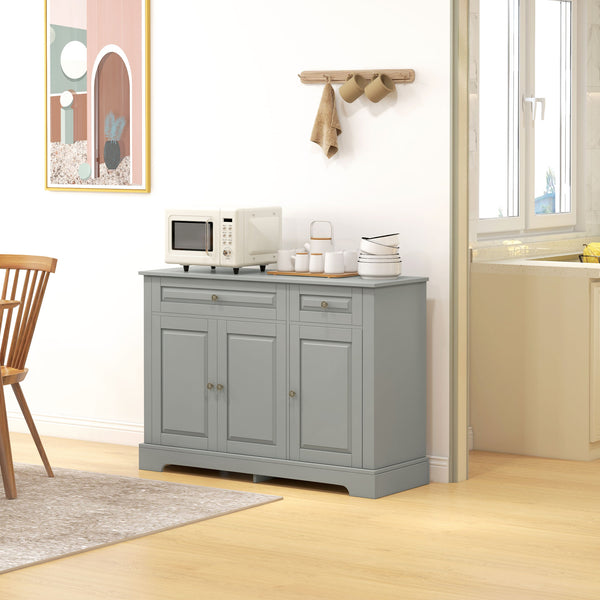 Buffet moderne avec 2 tiroirs et étagères réglables, idéal pour la salle à manger, gris.