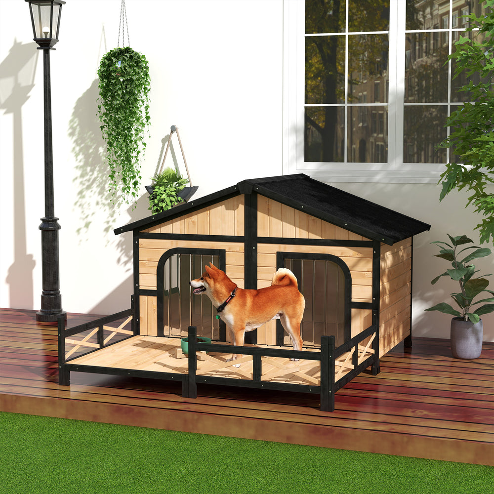 Wooden kennel in cabin style with terrace, beige