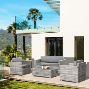 4 Pieces Patio Wicker Sofa Set, Outdoor PE Rattan Extra Wide Seat Conversation Furniture w/ Tempered Glass Table-top & Thick Padded Cushion for Garden, Backyard, Lawn, Mixed Grey