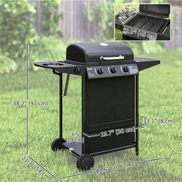 3-burner propane gas barbecue with side burner, thermometer, black