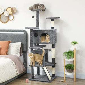 Arbre à chat à plusieurs niveaux avec griffoirs, niches, couchage, plateformes, rampe et balle, gris foncé