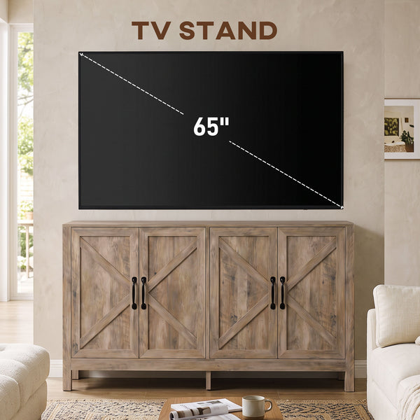 Sideboard Buffet, Storage Cabinet with Barn Door and Adjustable Shelf, TV Stand for TVs up to 65 Inches, Light Gray