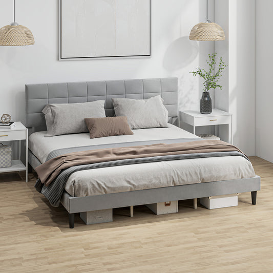 Cadre de lit king size avec tête de lit rembourrée, lattes en bois, capacité de charge de 500 kg, gris