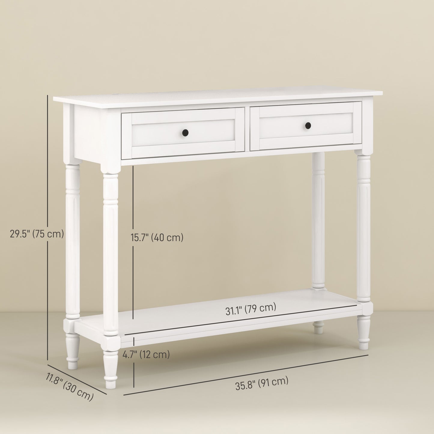 Console d'entrée moderne avec 2 tiroirs, étagère de rangement, pieds tournés, blanc