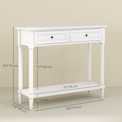 Console d'entrée moderne avec 2 tiroirs, étagère de rangement, pieds tournés, blanc