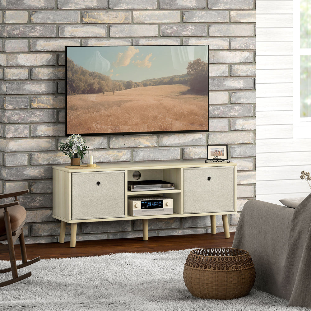 Meuble TV moderne avec tiroirs et étagères pliables, couleur naturelle