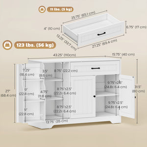44" Modern Kitchen Storage Cabinet with Drawer, Adjustable Shelves, Small Kitchen Pantry with Door Racks, White