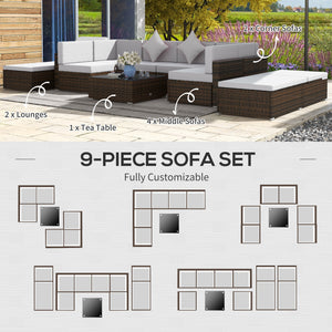 Ensemble de meubles de jardin 9 pièces en osier avec coussin, gris clair