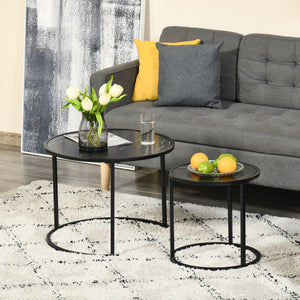 Lot de 2 tables basses rondes modernes avec plateau en faux marbre et cadre en métal, noir