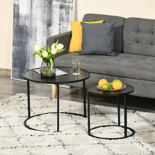 Lot de 2 tables basses rondes modernes avec plateau en faux marbre et cadre en métal, noir