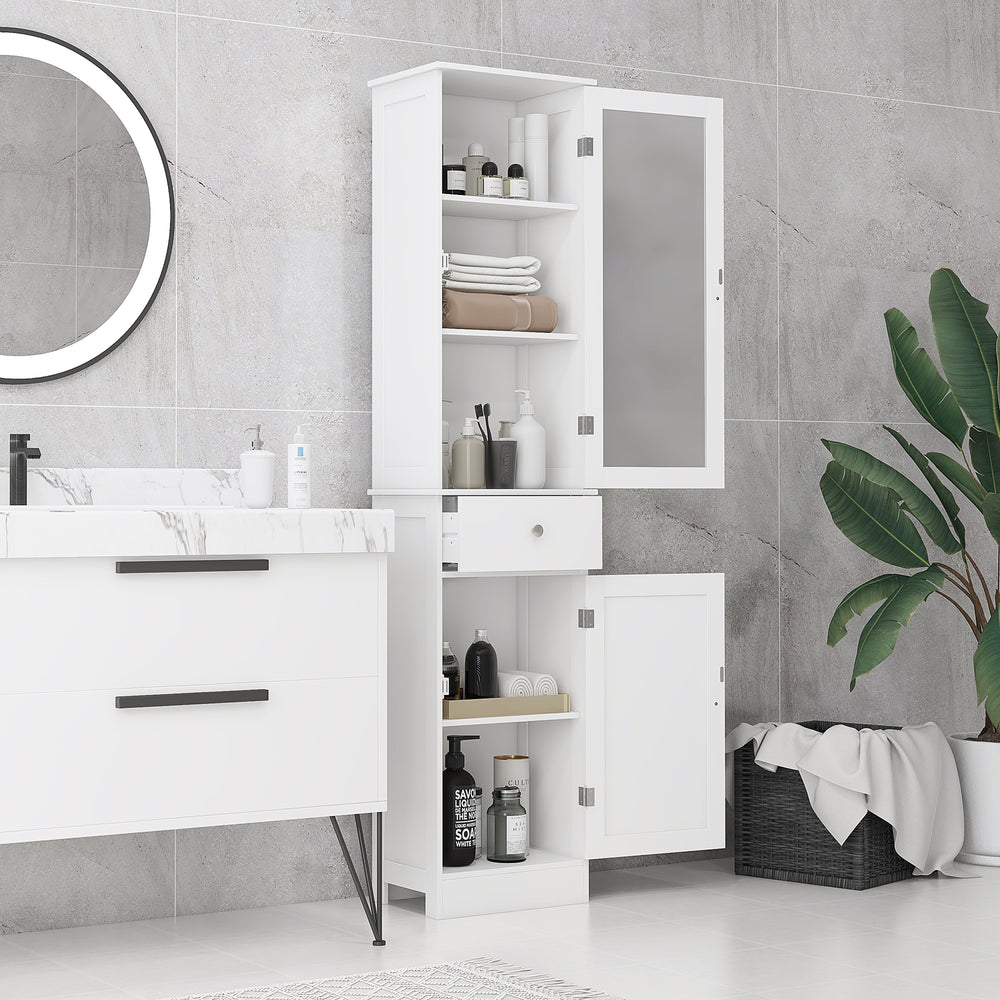Armoire de salle de bain haute avec tiroirs, 2 portes et étagères réglables, blanche