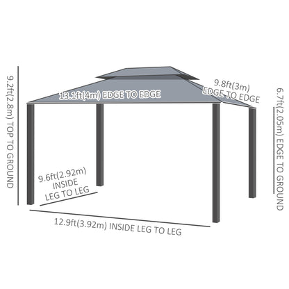 Gazebo 10'x13' couvert à deux niveaux en acier avec rideau, gris