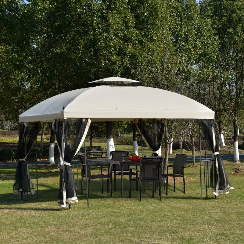Gazebo 10 x 12 avec toit à double pente, parois latérales amovibles en filet et étagères triangulaires, beige
