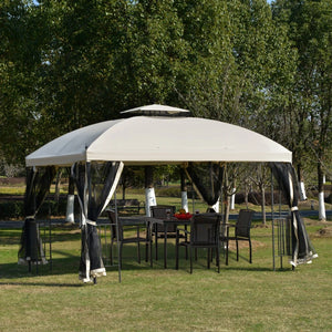 Gazebo 10 x 12 avec toit à double pente, parois latérales amovibles en filet et étagères triangulaires, beige