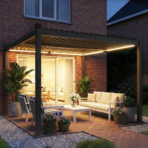 Pergola 10 x 10 à lames orientables avec éclairage solaire LED avec gouttières de drainage, noire