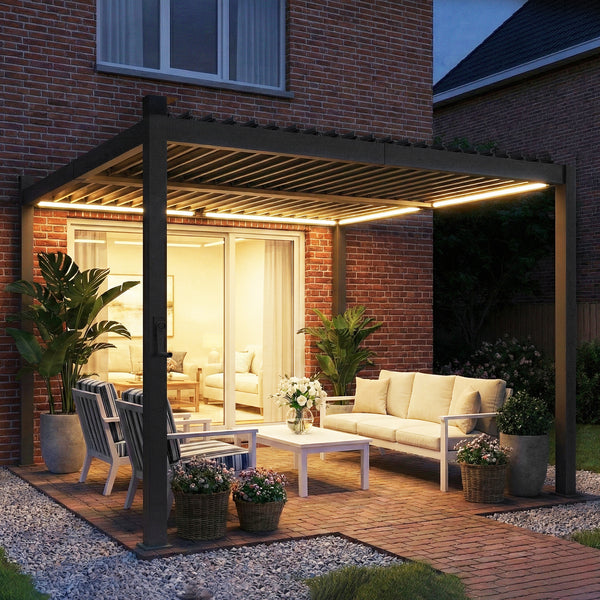 Pergola 10 x 10 à lames orientables avec éclairage solaire LED avec gouttières de drainage, noire