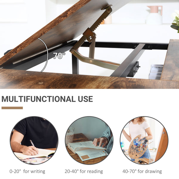 Table à dessin réglable avec plateau inclinable et étagère de rangement, brun rustique
