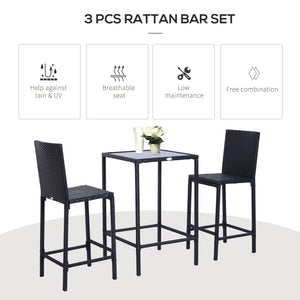 Ensemble de bar de jardin 3 pièces en rotin et osier, tabouret de bar et table pour terrasse, noir