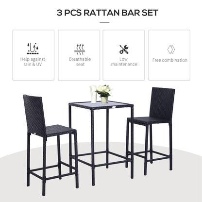 Outsunny 3 Piece Wicker Rattan Garden Bar Set, Bar Stool and Table for Patio, Garden, Balcony, Poolside, Black