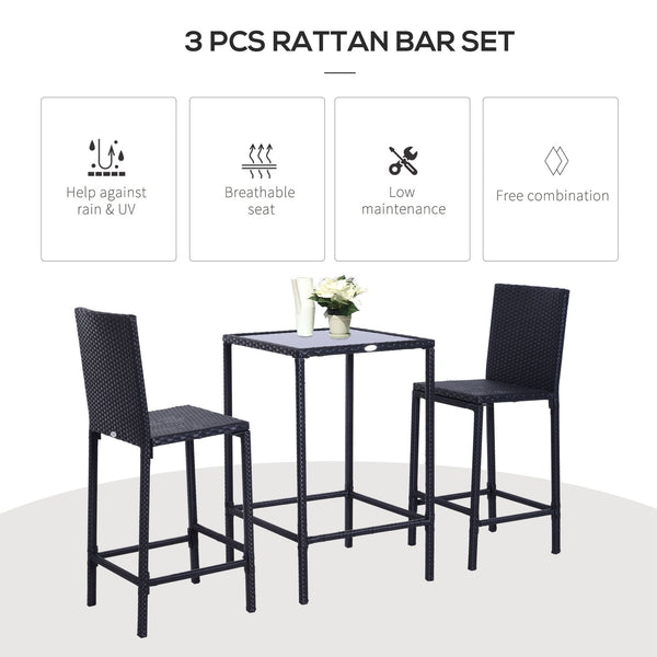 Ensemble de bar de jardin 3 pièces en rotin et osier, tabouret de bar et table pour terrasse, noir