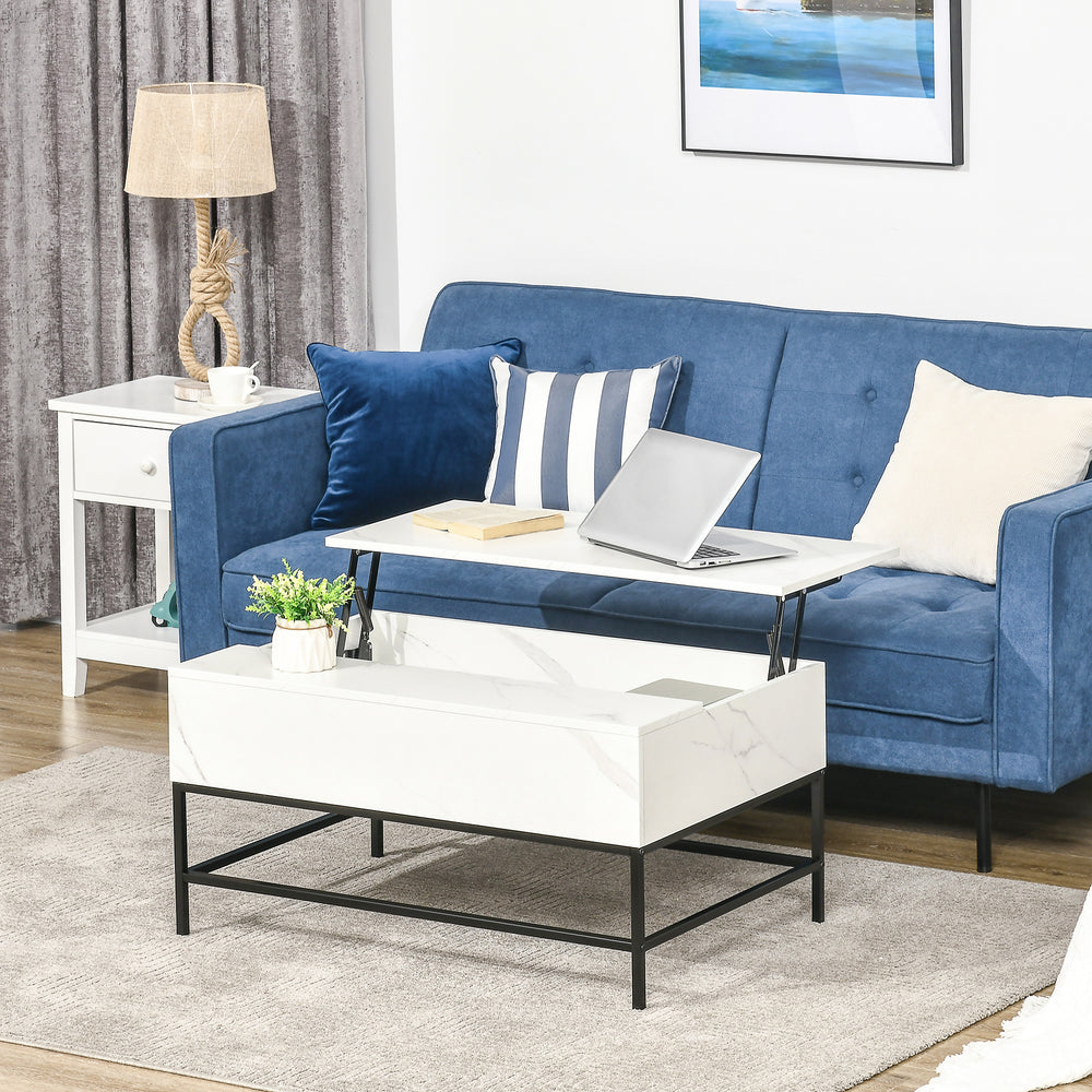 Table basse relevable avec compartiment de rangement dissimulé, blanche