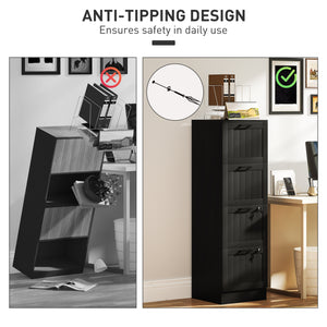Classeur 4 tiroirs avec serrure, armoire de rangement de bureau avec barres de suspension réglables pour dossiers format A4, noir