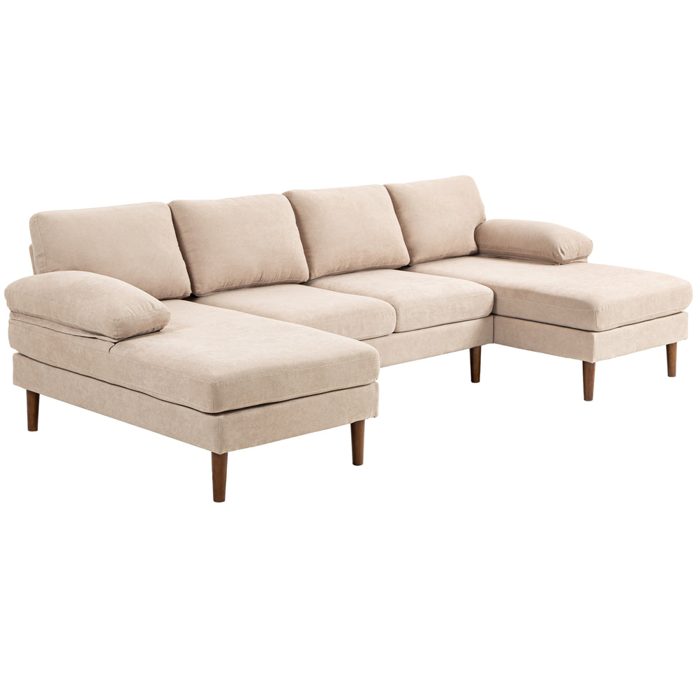 U-shaped sofa with double chaise longue, modern 4-seater sofa with wooden legs, beige