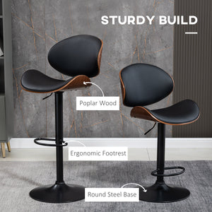 Lot de 2 tabourets de bar pivotants réglables en cuir synthétique moderne, dossier incurvé, repose-pieds et base en acier, noir