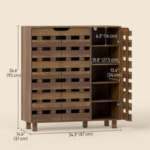 Shoe cabinet for 20 pairs of shoes with slatted doors, aged brown