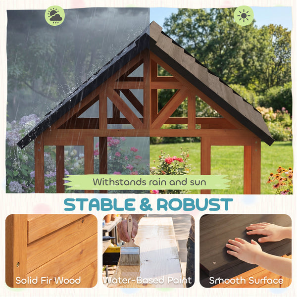 Maisonnette en bois pour enfants de 3 à 8 ans, avec table, bancs, évier, fenêtres et supports pour pots de fleurs, couleur marron.
