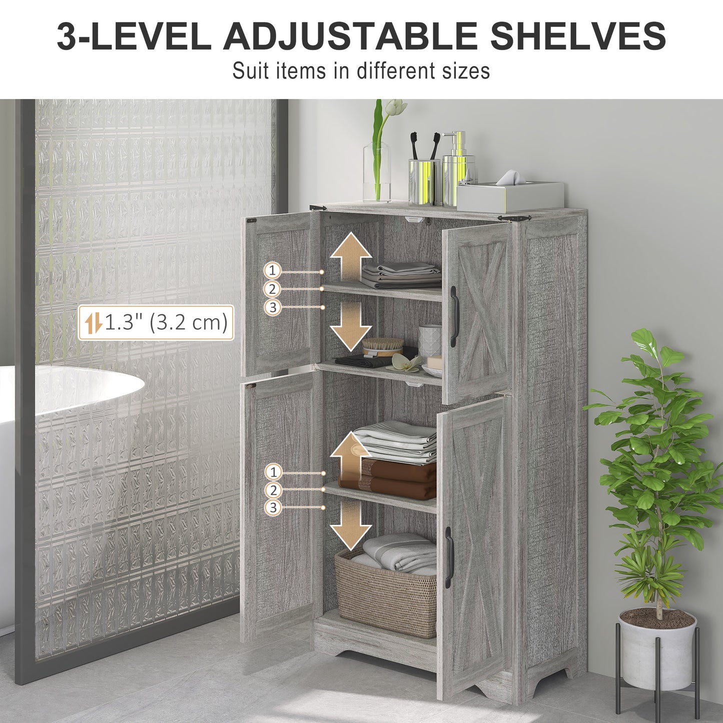 HOMCOM Farmhouse Kitchen Pantry, Freestanding Storage Cabinet with Barn Doors and Adjustable Shelves, Gray