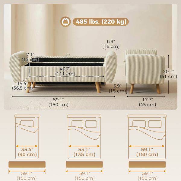 Banc de rangement 59 po en velours côtelé, beige