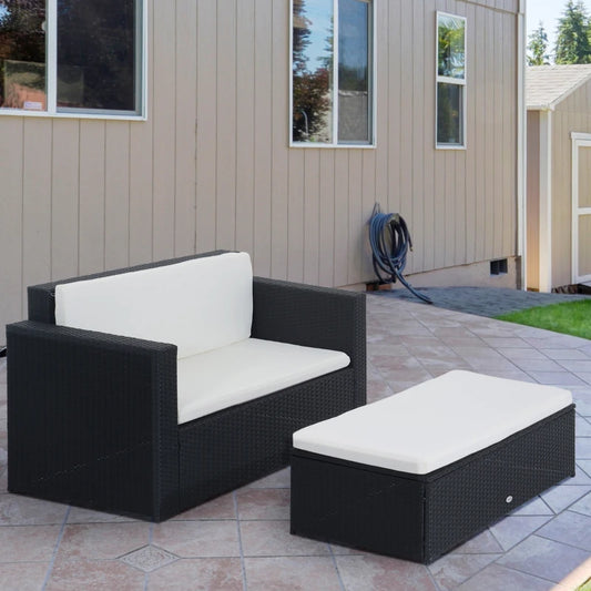 Outsunny 2 Piece Wicker Patio Furniture Set with Double Ottoman, Synthetic Rattan Garden Lounge Set with Loveseat and Two Seater Ottoman, Cream White