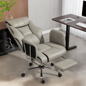 Upholstered reclining office chair with high back, faux leather upholstery, footrest, swivel casters, grey