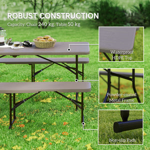 Ensemble table et bancs de camping pliants avec poignées de transport, marron