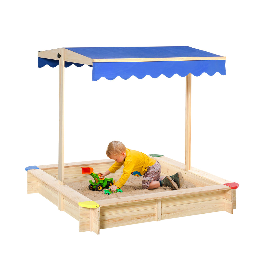 Kids Wooden Sandbox with Cover, Play Sand Station for Children Outdoor Sand box, with Seats, for Backyard, Beach, 47" x 47" x 47", Natural