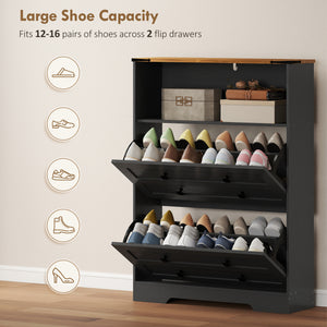 Shoe cabinet with 2 drop-down drawers, black