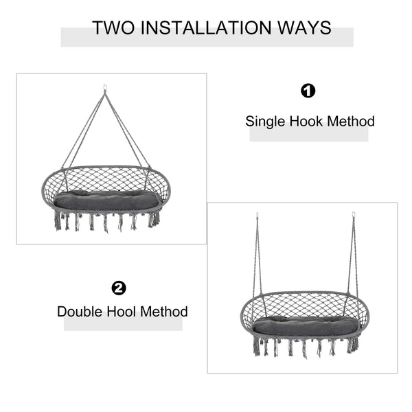 Patio Hammock Chair 2 Seat, Hanging Rope Hammock Swing Chair with Metal Frame and Cushion, Large Macrame Seat for Indoor and Outdoor 396 lbs Capacity, Dark Grey