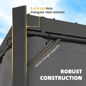 Pergola à lames orientables 10 x 13, toit en acier et rideaux,  gouttières de drainage, grise