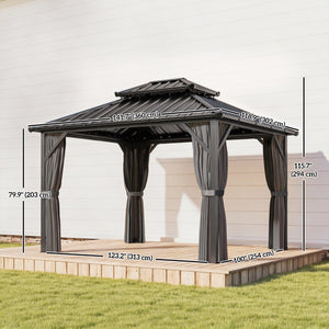 Gazebo avec toit rigide 10 x 12 avec double toit en acier galvanisé, structure en aluminium, gris foncé
