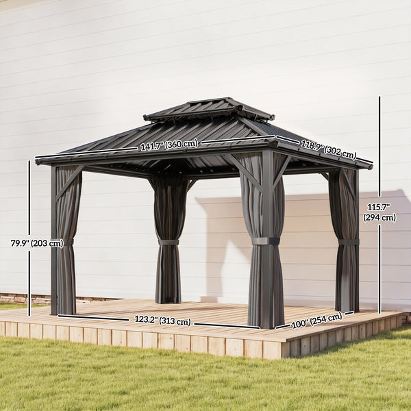 Gazebo avec toit rigide 10 x 12 avec double toit en acier galvanisé, structure en aluminium, gris foncé