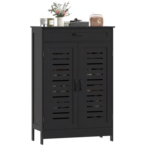 Shoe cabinet with louvered doors with drawer and adjustable shelves, black