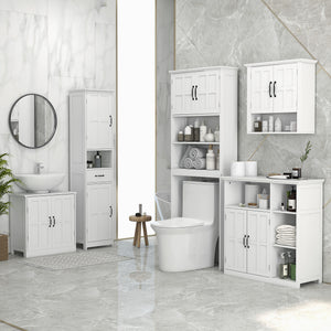 Meuble de salle de bain moderne étroit avec tiroir à étagère ouverte, portes encastrées et étagères réglables, blanc