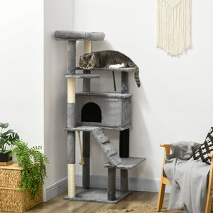 Arbre à chat 147 cm de haut avec poteaux à griffer, grande tour pour chats d'intérieur avec couchage, niche et jouets, gris